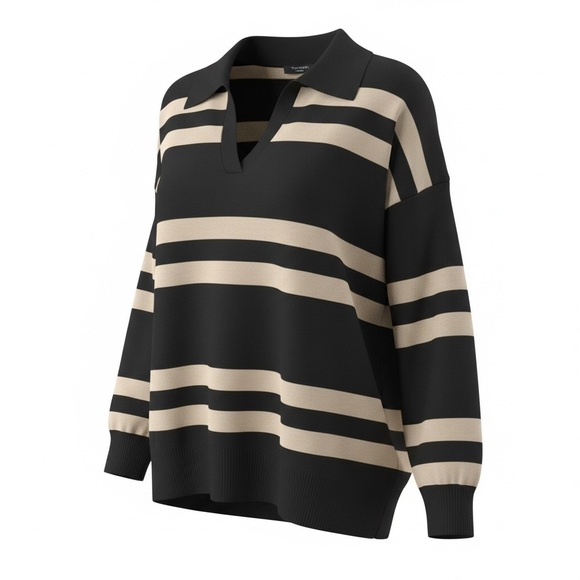 T Tahari Sweaters - T Tahari Black and Tan Striped V-Neck Sweater